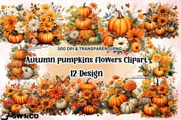 Download Autumn Pumpkins with Flowers Clipart - Premium Bundle